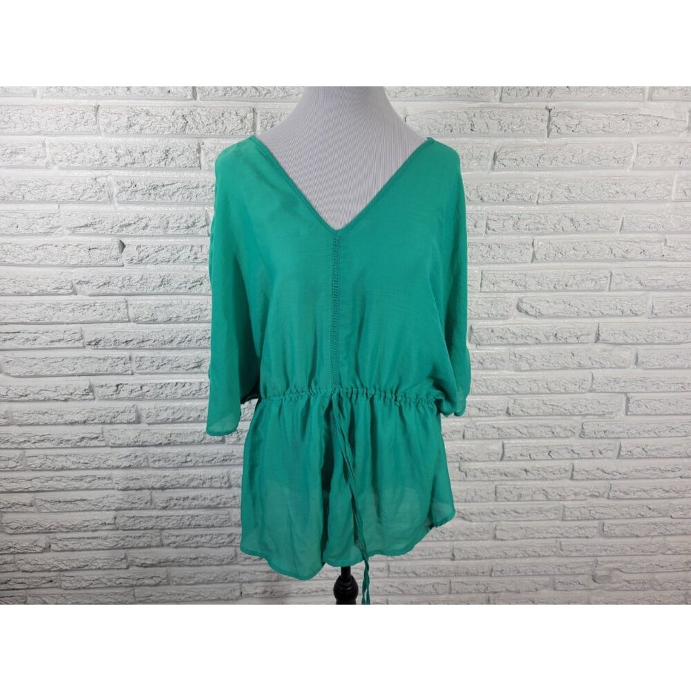 Ana Women Top 1X Plus Batwing Sleeve Blue Green Polyester Comfort Waist D5E